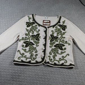 J. Jill Size Large Cream with Green and Brown Scroll Design Cardigan Sweater